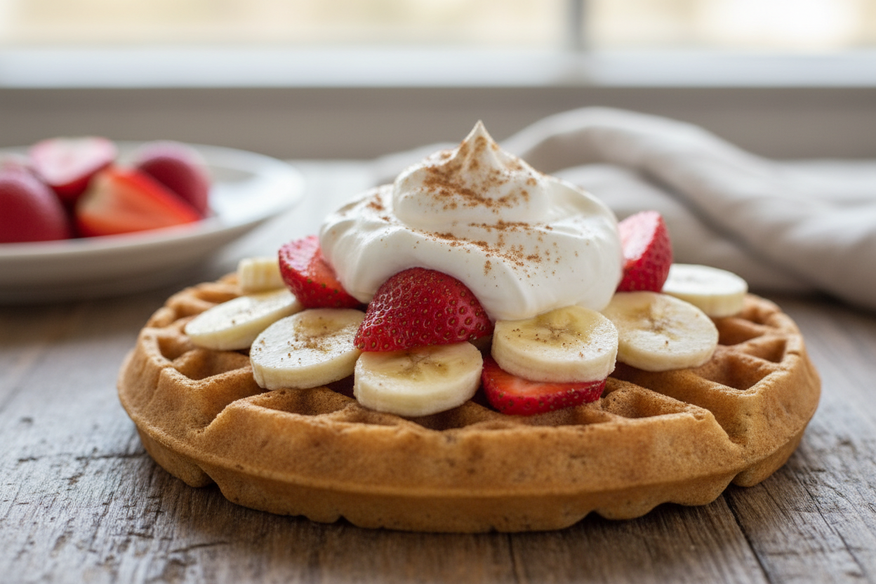 cinnamon protein waffle topped with banana slices, strawberries, whipped cream.