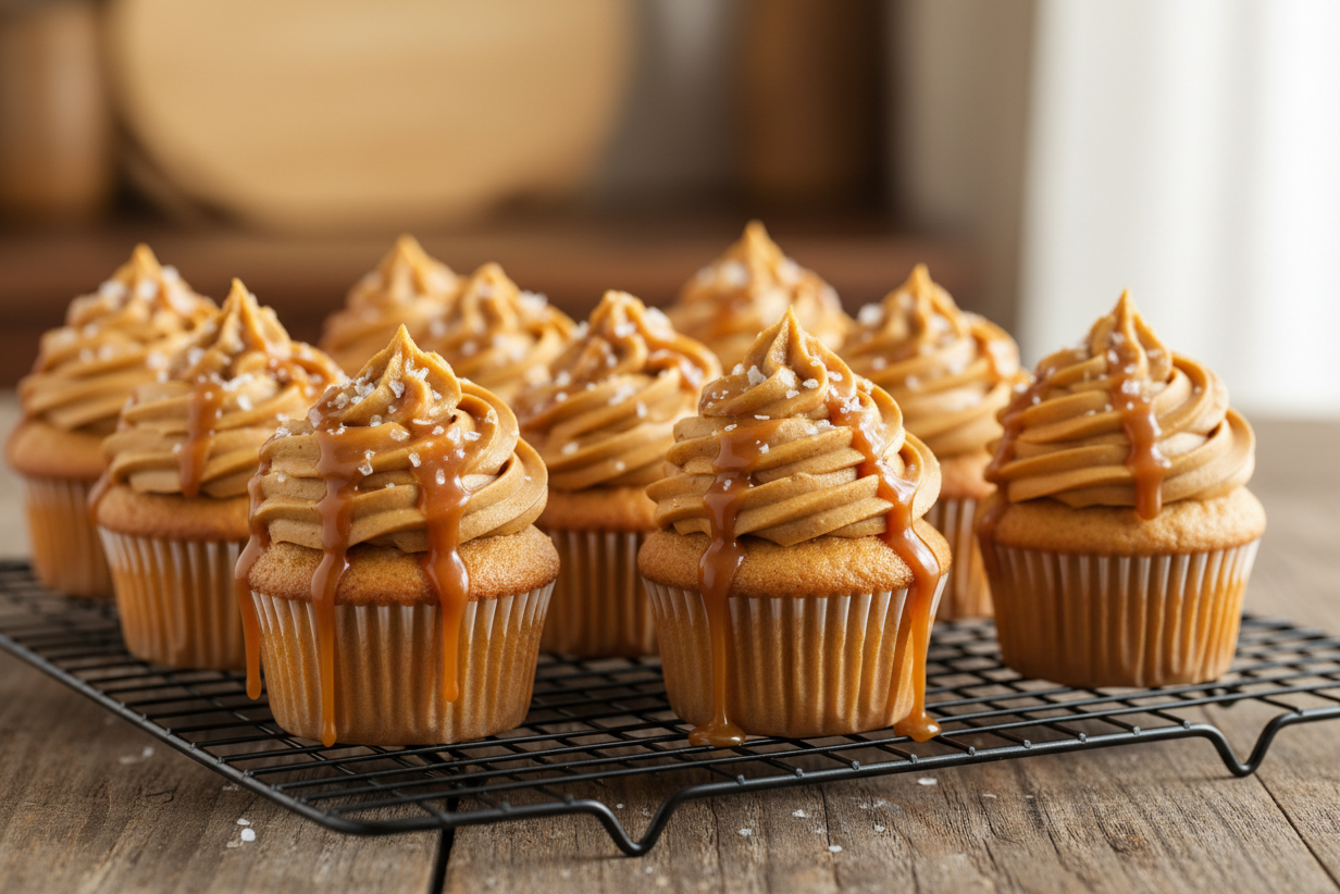 dozen salted caramel protein cupcakes on a rack with caramel drizzle + sea salt.
