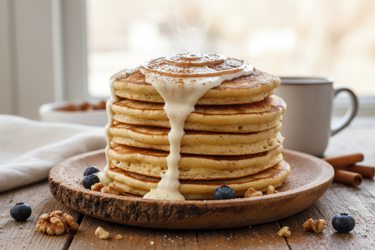 stack of cinnamon roll pancakes with cream cheese glaze drizzle.