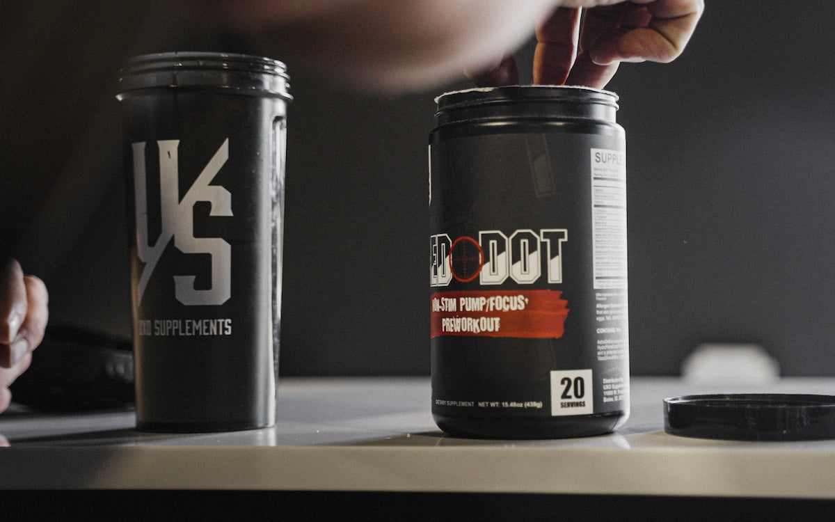 Red Dot tub + scoop showing the formula.