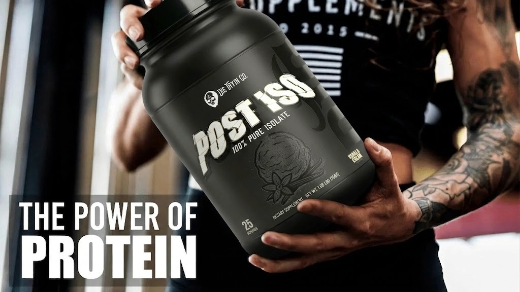 The power of protein image with die tryin co athlete holding dtc protein vanilla cream
