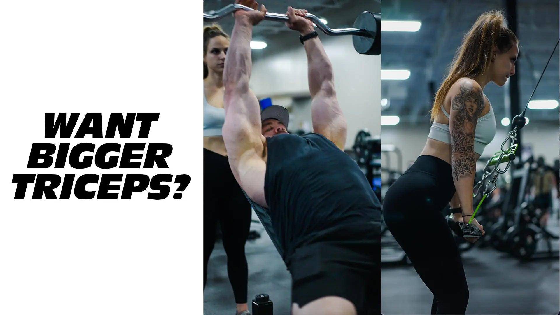 Lifter performing a cable tricep pushdown with flexed triceps